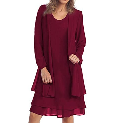 Elegante Abendkleider Damen Für Hochzeit | Chiffonkleid Damen Festlich Knielang 2-Teilig Brautmutterkleider Rundhals Freizeitkleid Große Größen Maxikleider Vorne Offen A-Linie Kleid Zweiteiliges von Generisch