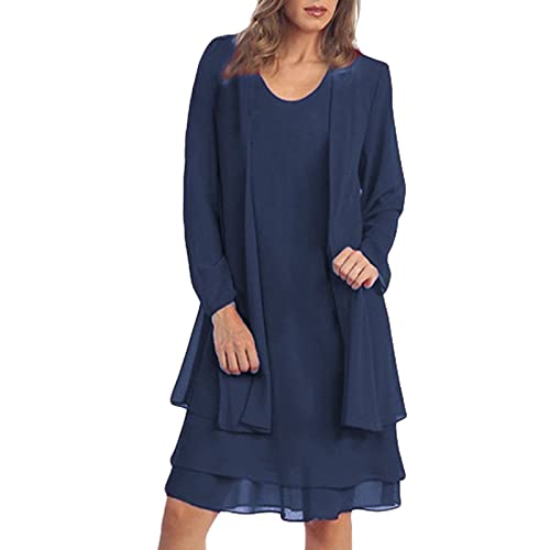 Elegante Abendkleider Damen Für Hochzeit | Chiffonkleid Damen Festlich Knielang 2-Teilig Brautmutterkleider Rundhals Freizeitkleid Große Größen Maxikleider Vorne Offen A-Linie Kleid Zweiteiliges von Generisch