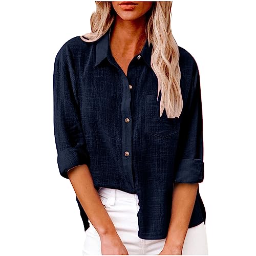 Elegante Bluse Leinen Damen Langarmshirt Locker Leinenbluse Basic Shirt Lang Tunika Einfarbig Hemd Revers Tops Button Down Hemdbluse Casual Oberteile Mode Blusenshirt Leichte Longbluse von Generisch