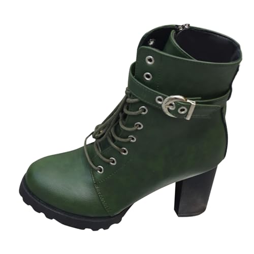 Elegante Damen Stiefeletten mit hohem Blockabsatz seitlichem Reißverschluss modischer Gürtelschnalle Plateau-Sohle für perfekten ideal für Verschiedene Anlässe (Green, 37) von Generisch