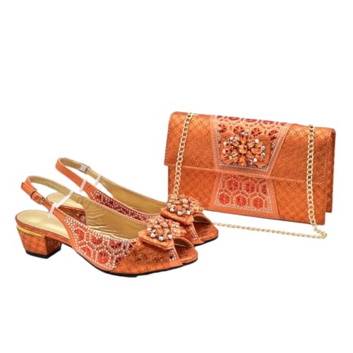 Elegante Damenschuhe mit Strassabsatz und passender Tasche für Hochzeit, Party, italienisches Design, Orange, 40.5 EU von Generisch
