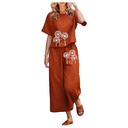 Elegante Frauen Freizeitanzug Straight Leg Hausanzug Im Haus Leinen Sets Für Damen 2-Teilig Baumwolle Kurzärmelig Bedruckte Bluse Locker Geschnittene Hose Hosenanzüge Baggy Lang Hosen (Orange, XL) von Generisch