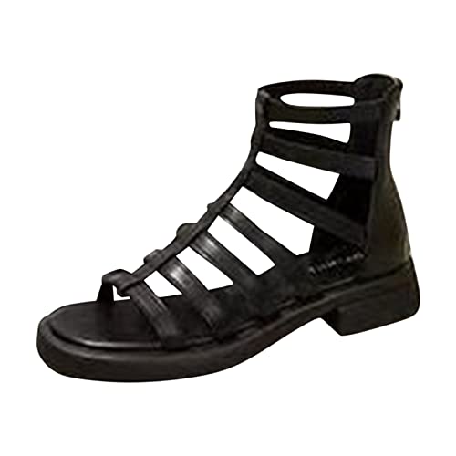 Elegante Sandaletten Damen Sandalen Strand Damen 2023 flache Oberbekleidung Strandschuhe schwarze hohle römische Sandalen coole Stiefel Sandalen Schwarz 41 Damen Damenschuhe 43 Sandalen (Black, 38) von Generisch