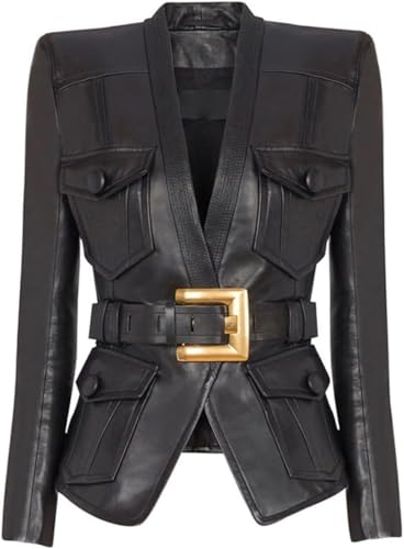 Elegante Schwarze Damen Jacke Aus Kunstleder Im Punk Und Gothic Stil Mit V-Ausschnitt Mode Business Freizeit Persönlichkeit Langarm Lederjacke (Schwarz,XL) von Generisch