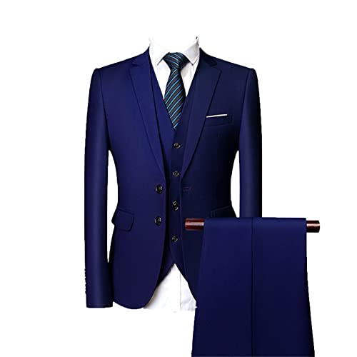 Eleganter 3-teiliger Anzug für Herren Slim Fit Solid 2-Knopf Business Sakko Set Hochzeit Prom Blazer Smoking Weste & Hose (Blau 2,M) von Generisch