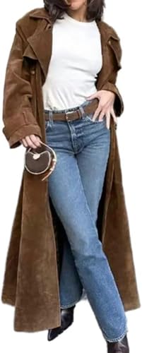 Eleganter Damen Trenchcoat Im Retro Stil Für Herbst Und Winter Aus Wildlederimitat Mode Business Casual Trenchcoat Mit Revers Und Zweireihigem Revers (Dunkelbraun,L) von Generisch