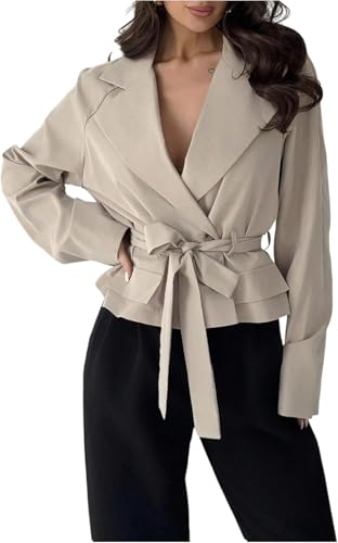 Eleganter Damen Trenchcoat Im Retro Stil Mit Langen Ärmeln Und Kurzem Schnitt Mode Für Frühling Und Herbst Business Und Freizeit Jacke Mit Revers Und Gürtel (Khaki,S) von Generisch