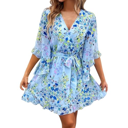 Elegantes A-Linien-Kleid mit V-Ausschnitt für Damen, Boho-Blumen-Chiffonkleid, fließendes Sommerkleid für den Strandurlaub (M,07) von Generisch