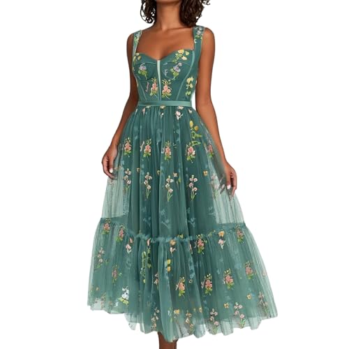 Elegantes Damen Ballkleid mit Blumenstickerei, A-Linie, Knielang, Korsett, formelles Abendkleid für besondere Anlässe (Dark Green, L) von Generisch