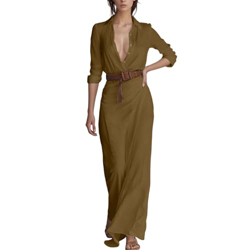 Elegantes Freizeitkleid mit asymmetrischem Plisseetaillebenentfernbarem Gürtel fließender Passform (Khaki, M) von Generisch