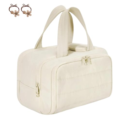 Elouva Kulturtasche, große, weit zu öffnende Reise-Kosmetiktasche, leichte, wasserdichte Kulturtasche für Damen mit Trennwand und Tragegriff (Beige) von Generisch