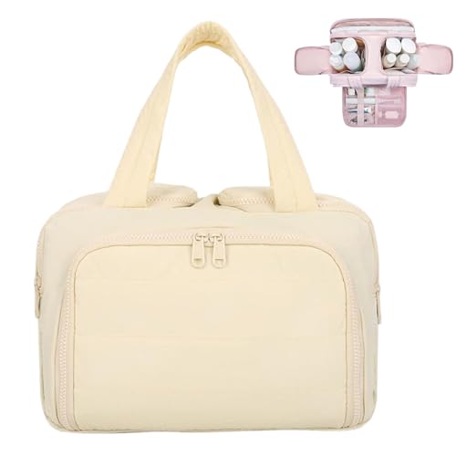 Elouva Toiletry Bag, Large Capacity Wide-Open Travel Cosmetic Bag Organizer, Puffy 4-in-1 Multi-Functional Portable Waterproof for Women Accessory, Essentials, Toiletries (Beige) von Generisch