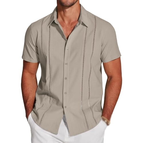 Emboadlie Mens Shirts, Summer Short Sleeve Casual Beach Linen Camp,Exquisite Hollow Embroidered Button Front Shirts (Light Gray,5XL) von Generisch