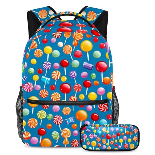 Entfesseln Sie Ihre Kreativität, Rucksack mit Federmäppchen, All-in-One-Schulranzen-Set für Jungen, Mädchen, Teenager, blaues Süßigkeitenmuster, mehrfarbig, B：29.4x20x40cm P：19x7.5x3.8cm, von Generisch