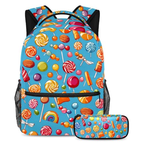 Entfesseln Sie Ihre Kreativität, Rucksack mit Federmäppchen, die ultimative Büchertasche für Jungen, Mädchen und Teenager, blaues Bonbon-Muster, mehrfarbig, B：29.4x20x40cm P：19x7.5x3.8cm, von Generisch