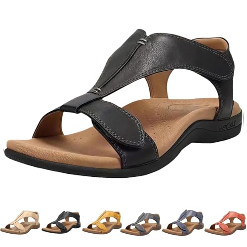 Ergonomische Orthopädische Damensandalen Für Schmerzlinderung, Flache Leder Sandalen Damen Sommer Mit Klettverschluss (Schwarz, Erwachsene, Damen, 40, Numerisch, EU Schuhgrößensystem, M) von Generisch