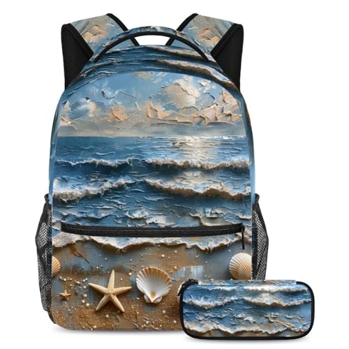 Erhöhen Sie Ihren Stil, Rucksack mit Federmäppchen, das perfekte Schulranzen-Set für modische Jungen, Mädchen und Teenager, Meeresstrandmuscheln, mehrfarbig, B：29.4x20x40cm P：19x7.5x3.8cm, von Generisch