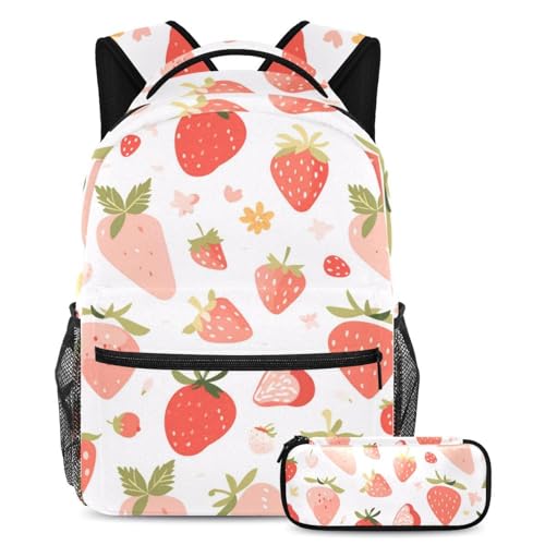 Erleben Sie ultimativen Komfort mit dem 2-teiligen Kinder-Schultaschen-Set, Rucksack mit Federmäppchen für Jungen, Mädchen und Teenager, rotes Obstmuster, mehrfarbig, B：29.4x20x40cm P：19x7.5x3.8cm, von Generisch