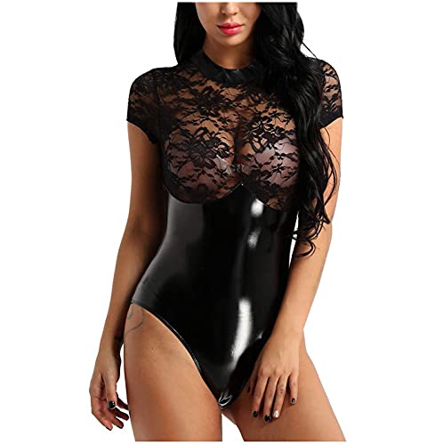 Generisch Erotische Bodysuit Dessous Frau Lack Leder Latex Corsage Damen Reizwäsche Brustfrei Leder Dessous Frauen FÜR Sex Mit Reißverschluss Hohle Dessous Spitze Transparente Dessous Body von Generisch