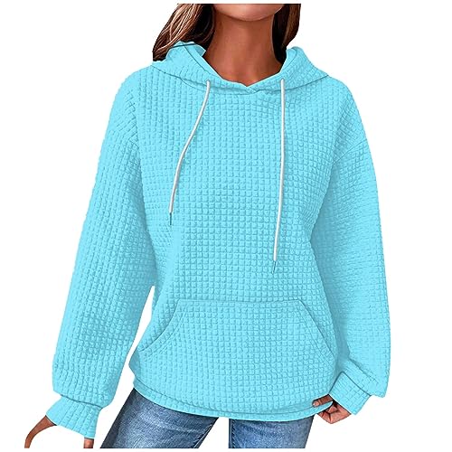 Essentials Hoodie, Kapuzenpullover Damen Waffel Kordelzug Sweatshirt Einfarbig Langarmshirt Lässig Oberteile Mit Taschen Pulli Mädchen Grauer Hoodie Pullover Hoodie Sweatshirt (XXL, Light Blue) von Generisch