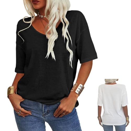 Establishg Damen T-Shirt mit V-Ausschnitt in Unifarbe, Arisefrom T-Shirts, lockere V-Ausschnitt-Oberteile für Damen (Schwarz,XL) von Generisch