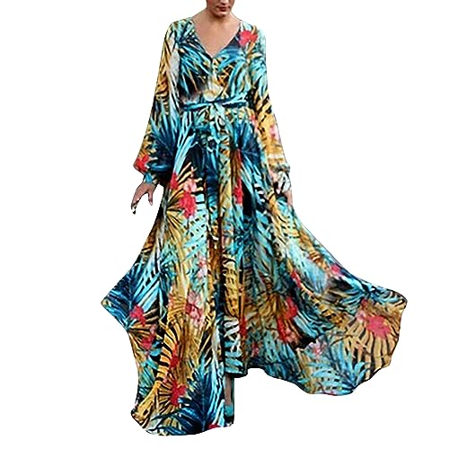 Europa und die Vereinigten Staaten Sommer Damen Mode Temperament Ärmel V-Ausschnitt Krawatte mit grünen Blättern Chiffon Print Big Swing Kleid Freizeitkleid mit kurzen Ärmeln, blau, XXXXL von Generisch