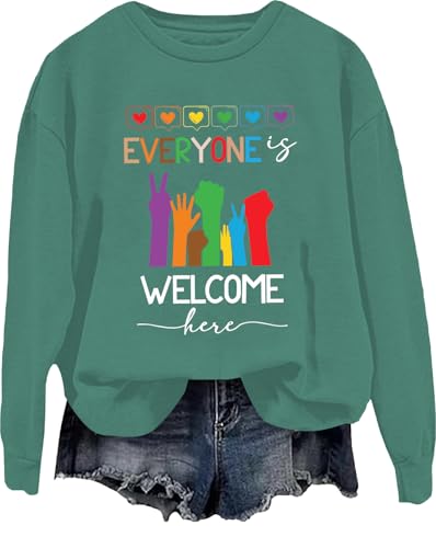 Everyone Is Welcome Here Sweatshirt LGBTQ Gay Rainbow Unisex Shirt, grün, XL von Generisch