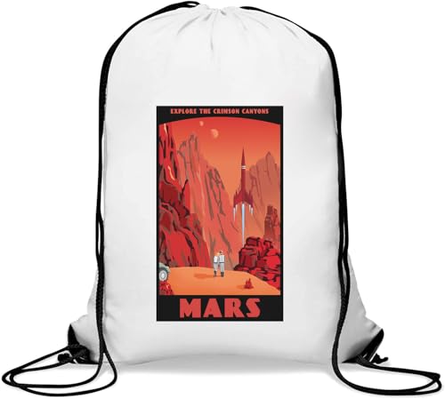 Explore The Red Planet Futuristic Poster Gym Sack Casual Drawstring Bag White von Generisch