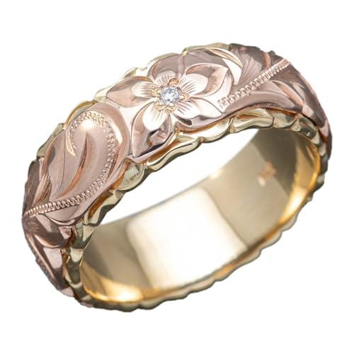 Exquisit geschnitzter zweifarbiger Damenring und amerikanischer Ehering mit rosafarbenem Design, schlichtes Ring-Set, 10号, Kupfer, Kein Edelstein von Generisch
