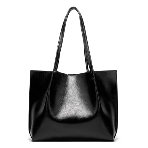 Extra große Umhängetasche, einfache Handtasche, Ölwachs, Leder, große Kapazität, Schultertasche, Schultertasche für Damen, Schwarz , Einheitsgröße von Generisch