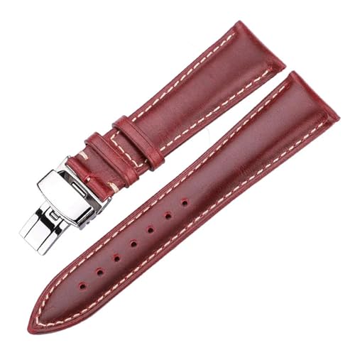 FYXT Uhrenarmband Aus Ölwachs-Rindsleder 18 Mm 20 Mm 22 Mm 24 Mm Blau Gelb Grün Damen Herren Echtlederband Gürtel Schmetterlingsschließe(Brown Red_18mm) von Generisch