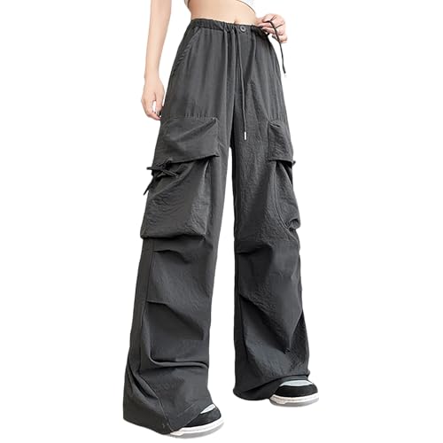 Fallschirmhose Damen Baggy - Cargohose Damen Oversize Y2K Hose Hip Hop Fallschirm Freizeithose mit Gummizug Drawstring Jogginghose Streetwear Locker Lange Hosen für Frauen Teenager Mädchen von Generisch
