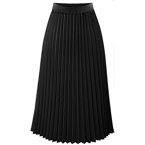 Faltenrock Damen Sommer Midi Lang Plisseerock Elegent Boho Elastisch Chiffon Rock Sommer Strandrock Hohe Taille Flared Arbeit Casual Knielang Rock S A Schwarz von Generisch