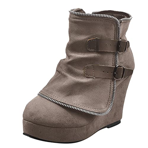 Farbige Zehenpartie, rund, warm, für Damen, Retro-Stil, solide Schnalle, Keilabsätze, kurze Damenstiefel, Booties für Damen, khaki, 37.5 EU von Generisch