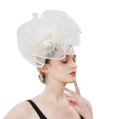 Fascinator für Damen, Cocktail-Kopfbedeckung, Organza-Feder, Blume, Haarreif, Teeparty, Hochzeit, Fascinator, Beige von Generisch