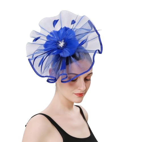 Fascinator für Damen, Cocktail-Kopfbedeckung, Organza-Feder, Blume, Haarreif, für Teeparty, Hochzeit, Königsblau von Generisch