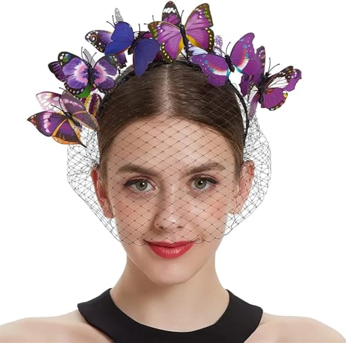 Fascinator mit Schmetterling, Schleier, Haarreif, Fascinator, für Damen und Mädchen, Halloween, Schmetterling, Kopfschmuck, Lila von Generisch