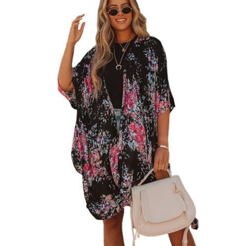 Fashion Open Front Loose Casual Kimono Cardigan für Damen Polyester Badeanzug Cover Up mit Blumendesign Atmungsaktiv und dekorativ, Einheitsgröße, Baumwolle, Kein Edelstein von Generisch