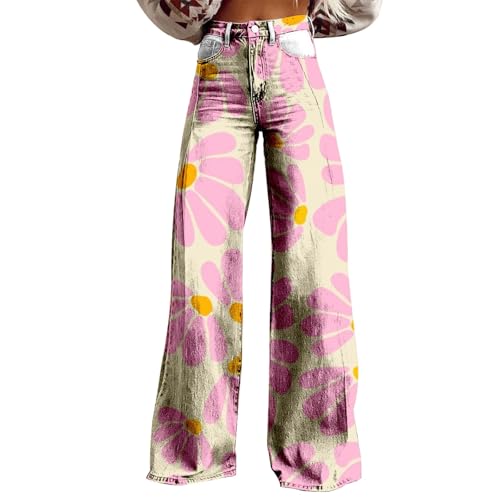 Faux Denim Hosen Damen Palazzo Hose für Frauen Boho 70er Jahre Schlaghose Jeans Damen High Waist Vintage Freizeithose Leicht Elegant Palazzo Hose Sweatpants mit Taschen und Knopf von Generisch