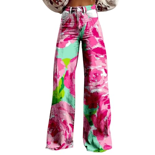 Faux Denim Hosen Damen Palazzo Hose für Frauen Boho 70er Jahre Schlaghose Jeans Damen High Waist Vintage Freizeithose Leicht Elegant Palazzo Hose Sweatpants mit Taschen und Knopf von Generisch