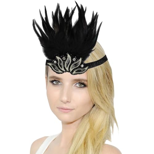 Feder Kopfschmuck Damen Schwarz Federboa Bunt 20er Jahre Accessoires Regenbogen Feder Haarreif Karneval Party Kopfschmuck Federn Stirnband Lustige Kopfbedeckung Silvester Haarreif von Generisch
