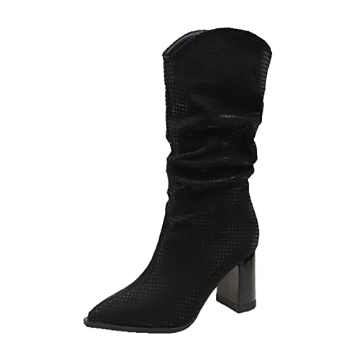 Federleichte Gummistiefel Damen Gefütterte Stiefel Für Mit Mittlerer Wade Und Winter Spitzschuh Volltonfarbe Bequeme Quadratische Ferse Chunky Heel (Black, 38) Festival Gummistiefel-Damen Pink von Generisch