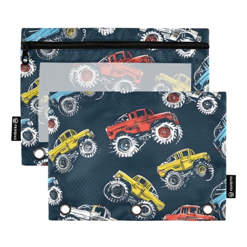 Federmäppchen für 3-Ringbuch, Monster-Trucks, Comic-Stil, Federmäppchen, Kosmetiktasche mit Reißverschluss, transparentes Fenster, für Büro, Reisen, Kosmetik, 2 Stück, Monster Trucks Comic Style, one von Generisch