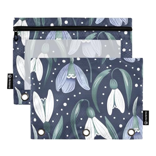 Federmäppchen für 3-Ringbuch, handgezeichnete Frühlingsschneeglöckchen, Blumen, Federmäppchen, Kosmetiktasche mit Reißverschluss, transparentes Fenster für Büro, Reisen, Kosmetik, 2 Stück, von Generisch