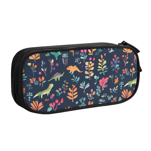 Federmäppchen mit Dinosaurier-Blumenmotiv für Jungen und Mädchen, Waldblätter, großes Stifteetui, Schreibtisch-Organizer, Federmäppchen für Schule, Büro, Make-up-Tasche mit Reißverschluss, Schwarz von Generisch
