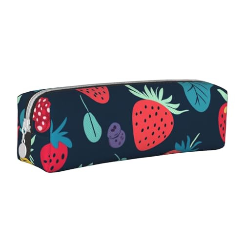 Federmäppchen mit Erdbeerblättern, tragbar, zylindrisch, mit Reißverschluss, Kosmetiktasche aus Leder, weiß, Einheitsgröße, Schulrucksack von Generisch