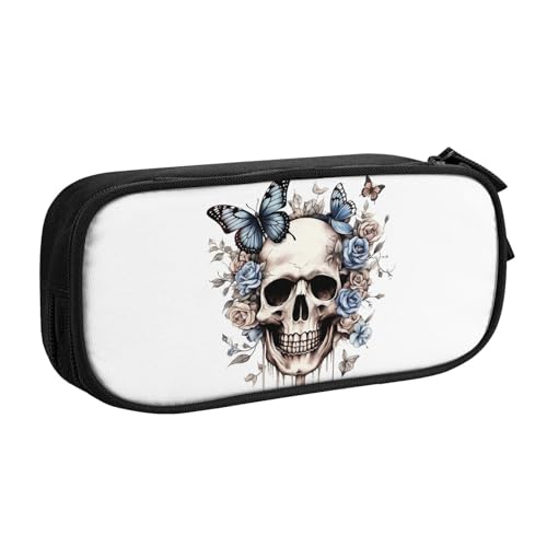 Federmäppchen mit Gothic-Totenkopf-Design für Jungen und Mädchen, Schmetterlingsskelett, große Stifttasche, Schreibtisch-Organizer, Federmäppchen für Schule, Büro, Make-up-Tasche mit Reißverschluss von Generisch