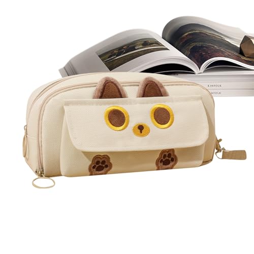Federmäppchen mit Katzenmotiv, besticktes Katzen-Federmäppchen, ästhetisches Federmäppchen, großes Fassungsvermögen, Stifteetui mit Reißverschluss für Radiergummi-Spitzer, beige, Refer to description, von Generisch