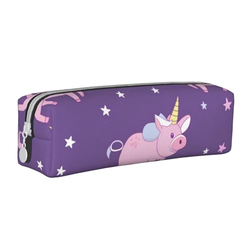 Federmäppchen mit Schweinchen und Hörnern, tragbar, zylindrisch, mit Reißverschluss, Kosmetiktasche aus Leder, weiß, Einheitsgröße, Schulrucksack von Generisch