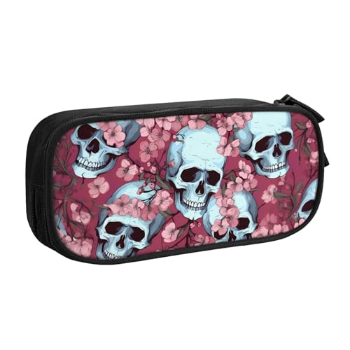 Federmäppchen mit Totenkopf-Motiv und Kirschblüten für Jungen und Mädchen, Skelett-Blumenmuster, große Stifttasche, Schreibtisch-Organizer, Federmäppchen für Schule, Büro, Make-up-Tasche mit von Generisch